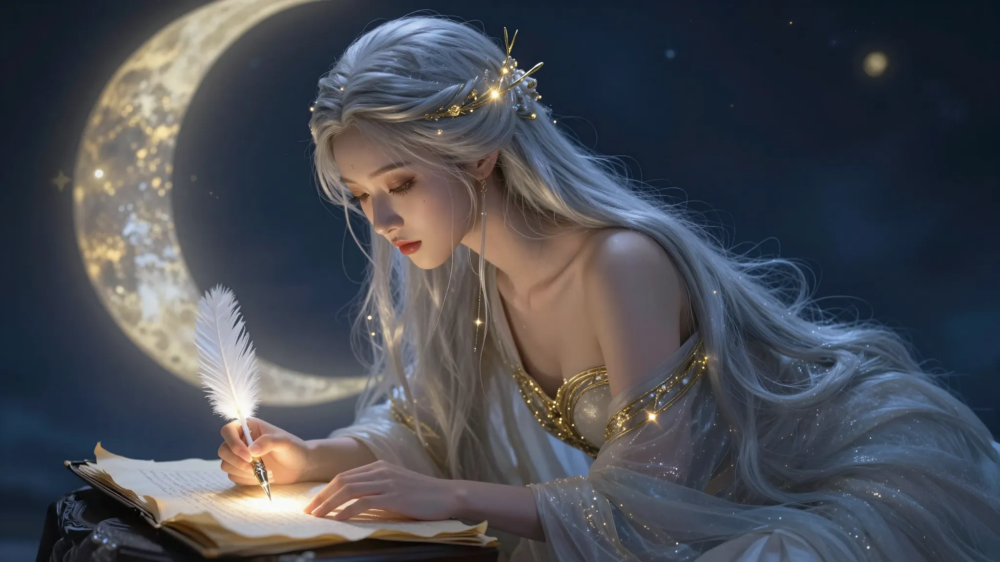 A beautiful personified moon goddess with silver hair writin...