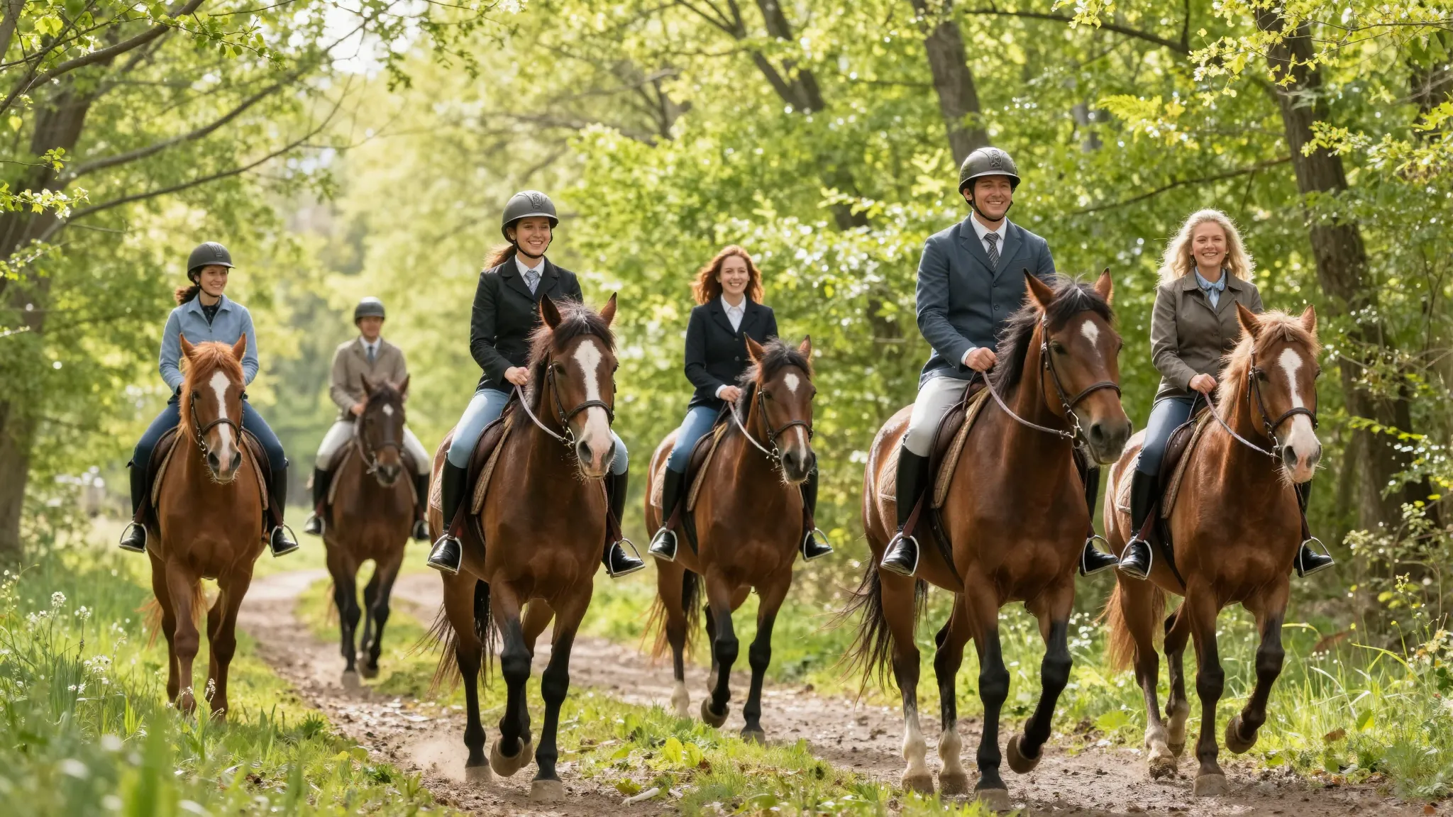 A joyful scene of people riding horses through a lush green ...