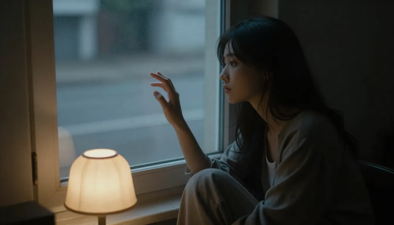 A woman with a pensive expression, sitting alone in a dimly ...