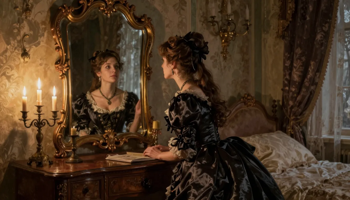 A melancholic Russian countess in a 1866 luxury bedroom, wea...