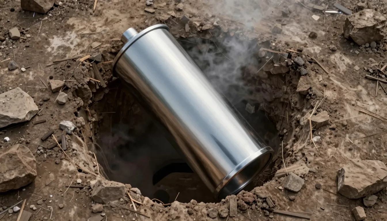 A sleek polished chrome elongated container descending into ...