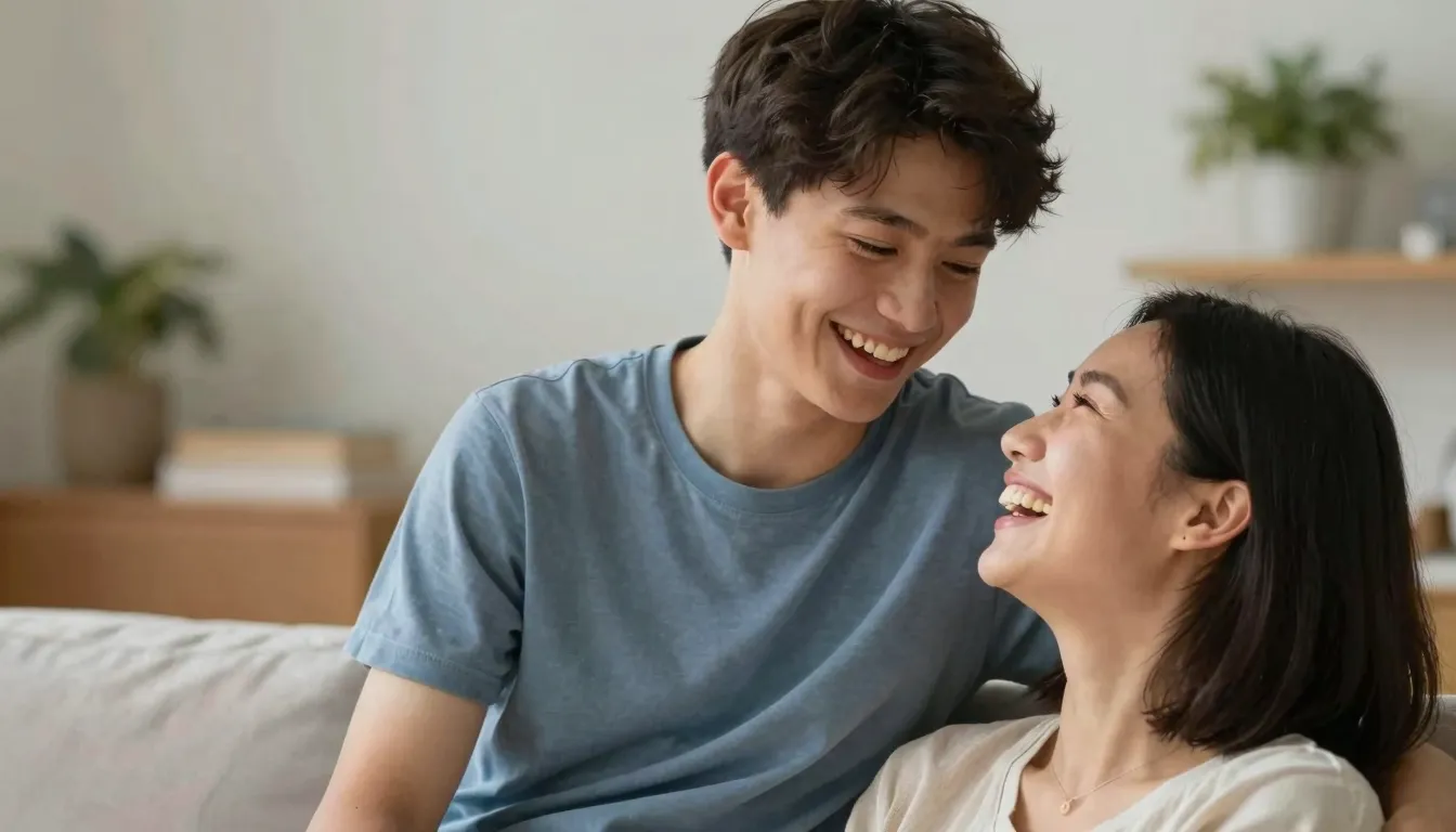 A heartwarming photo of a mother and her 15-year-old son, la...