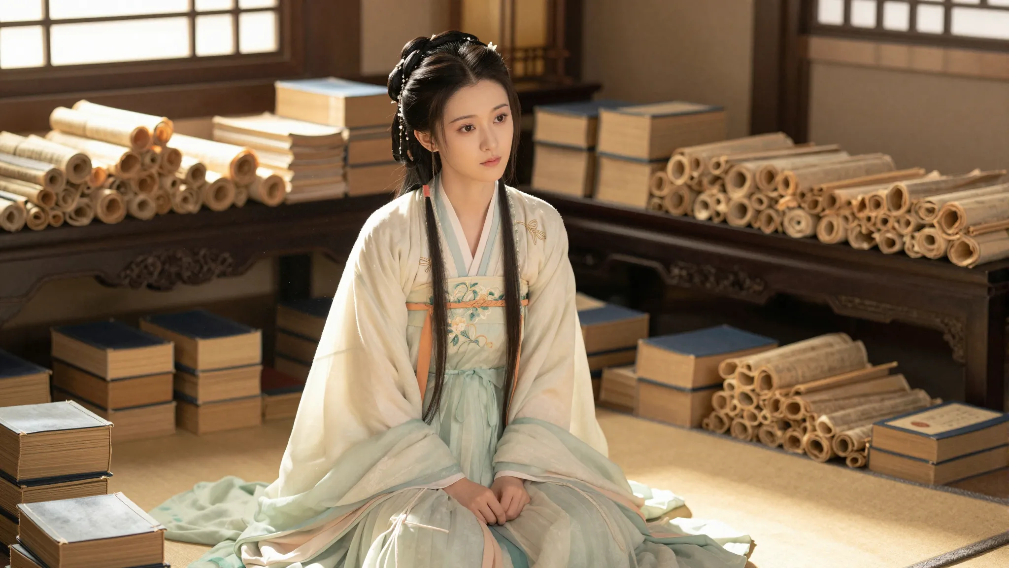 A young Chinese noblewoman in a traditional hanfu sitting on...