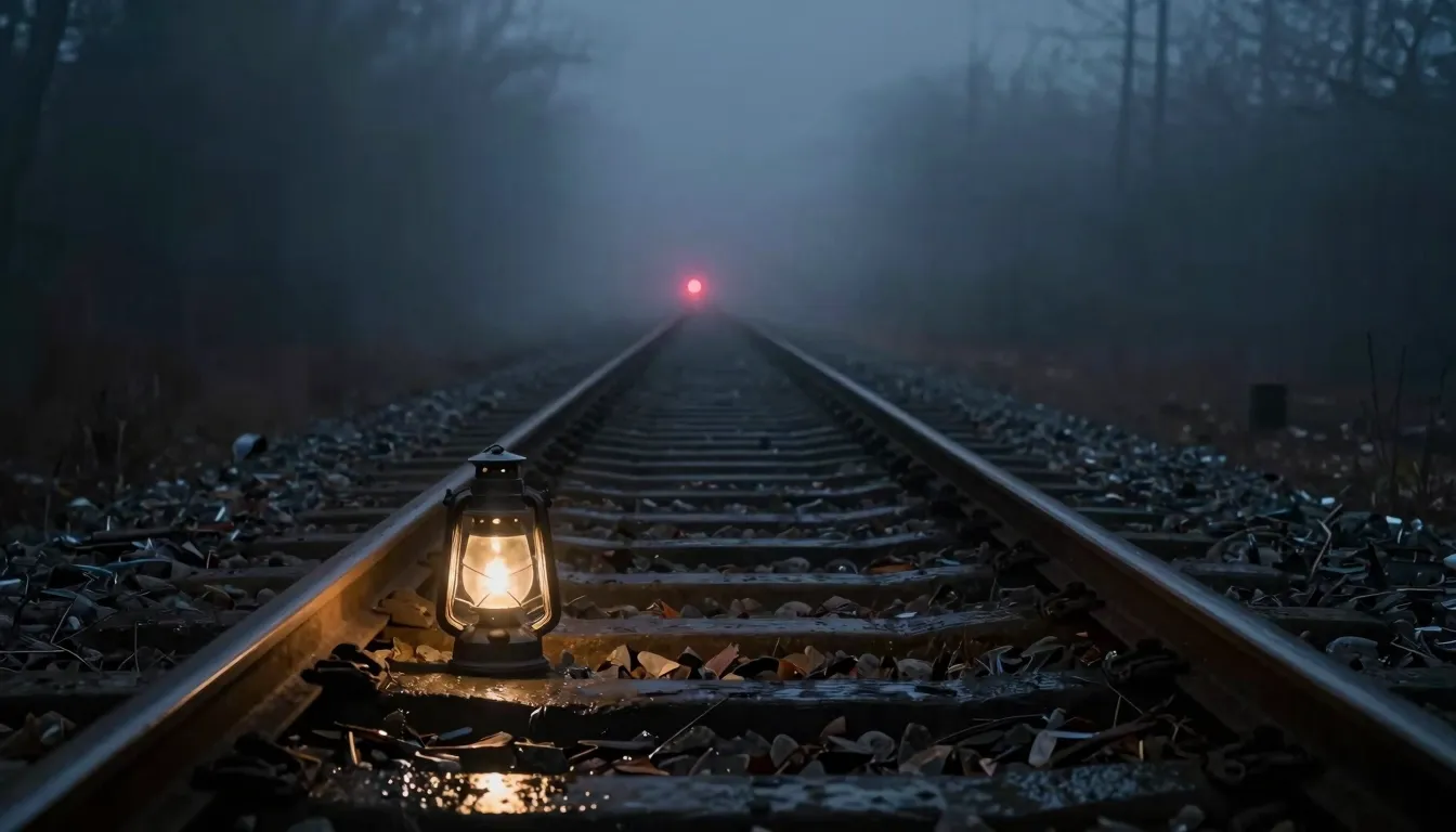 An empty, dark railway track disappearing into the night and...