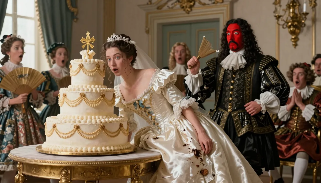 A humorous 17th-century French ballroom scene, a young bride...