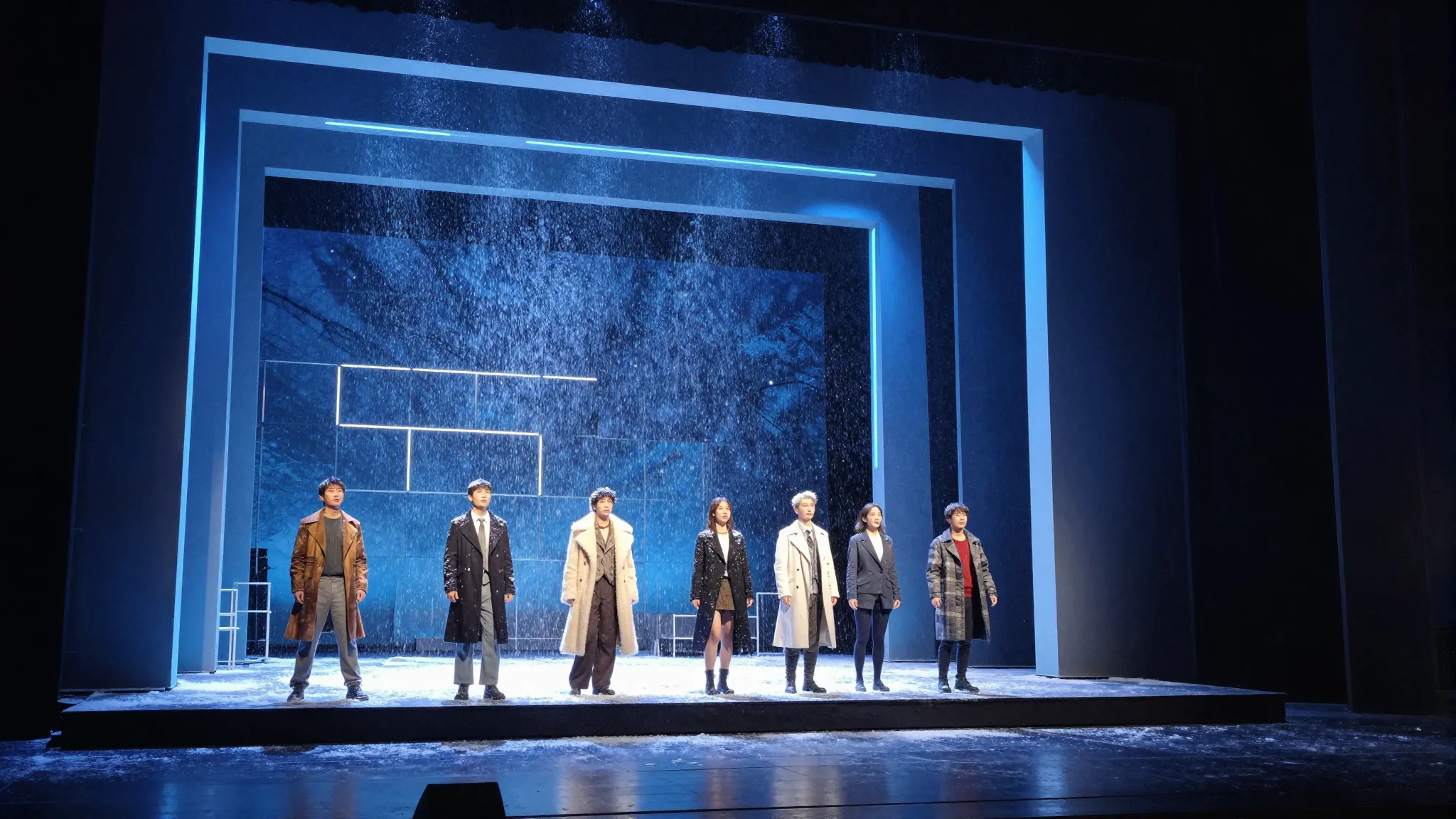 Modern winter theater stage design, neon blue lighting, arti...