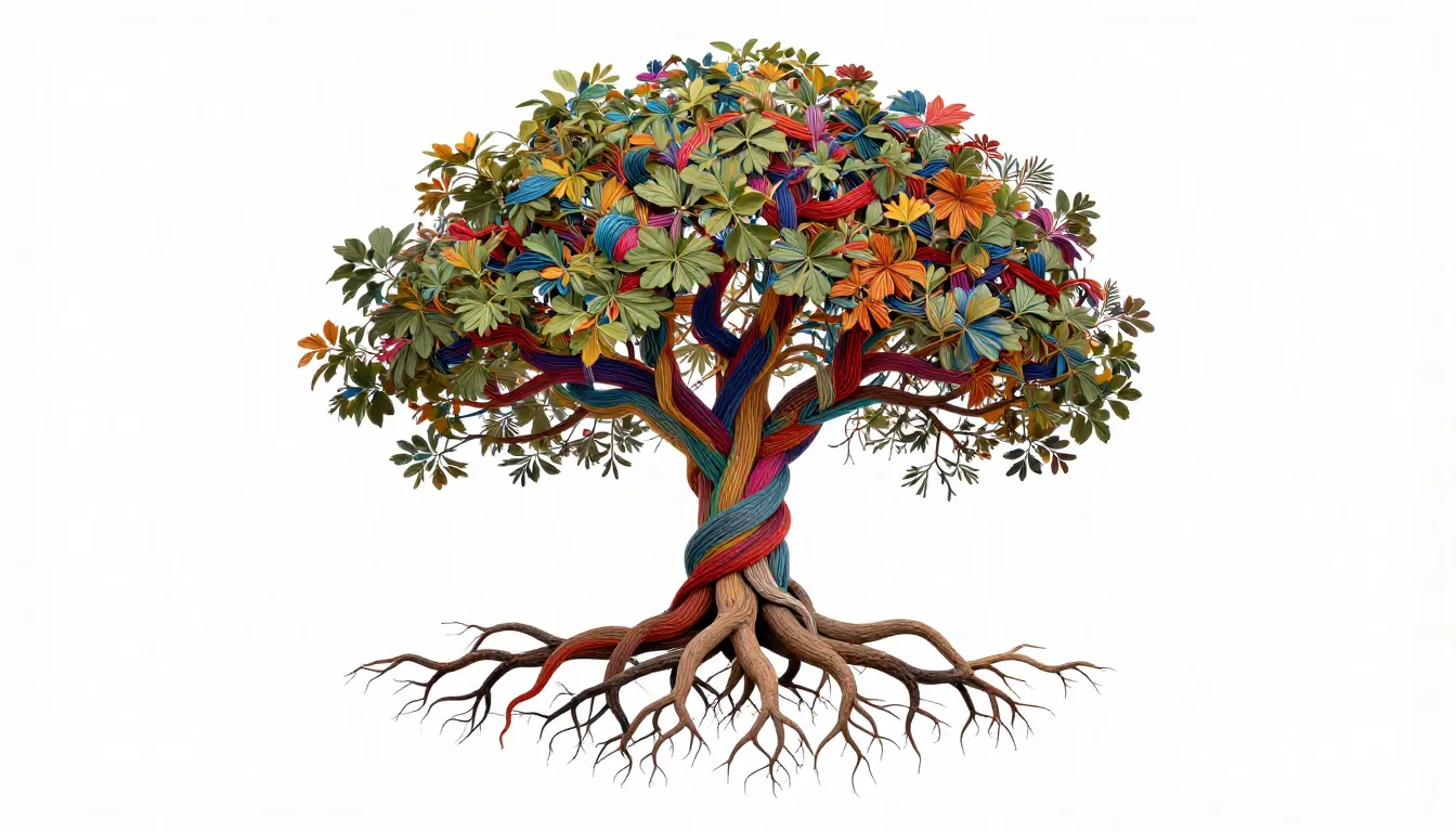 A symbolic tree with roots made of different colorful thread...