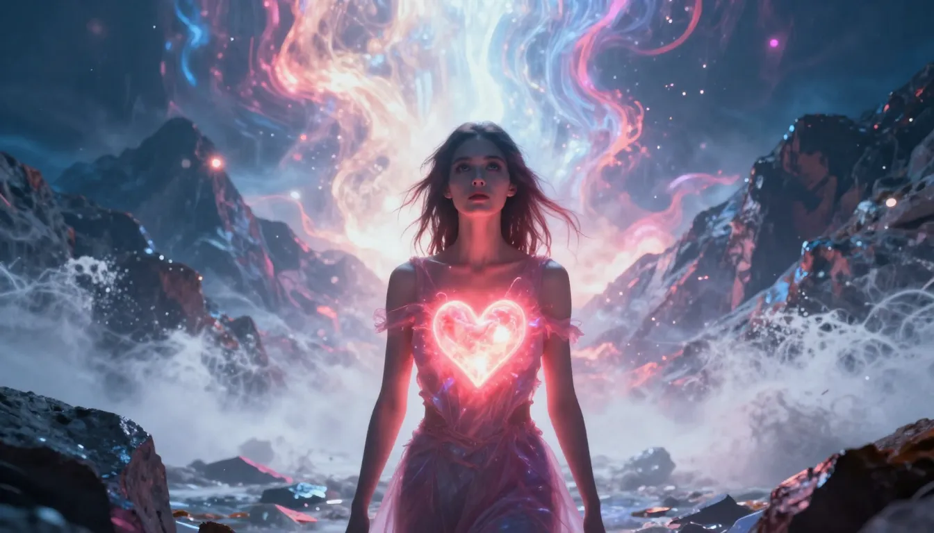 A woman with a glowing heart, standing amidst a massive moun...