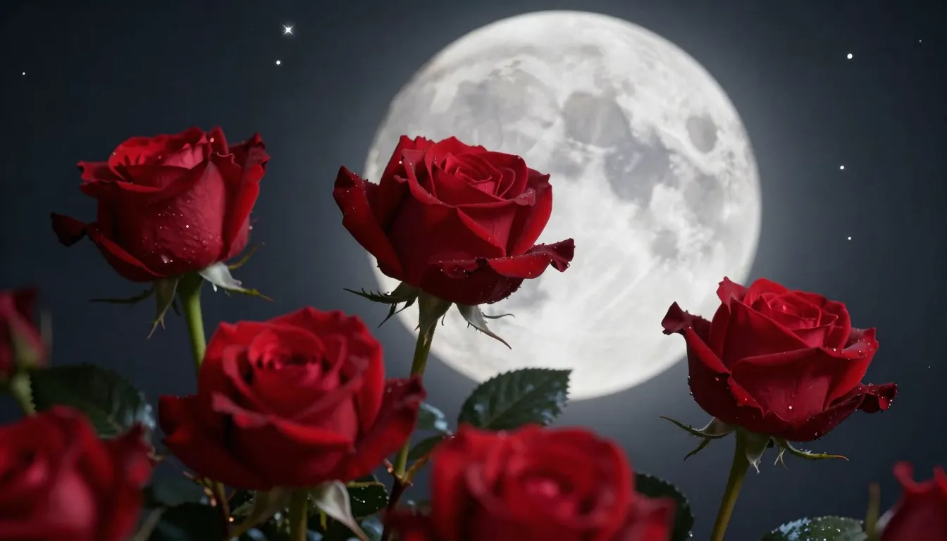Stunning close-up of blooming red roses under the soft silve...