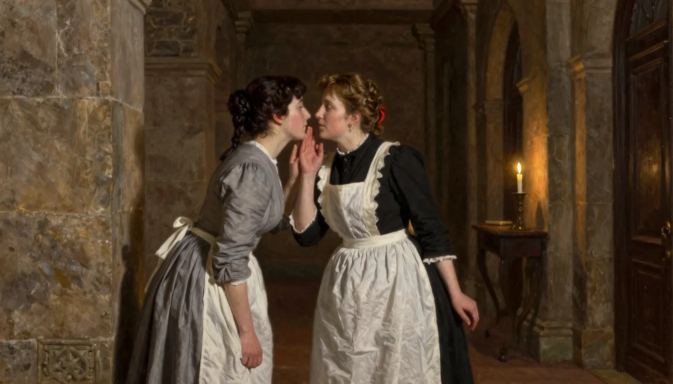 Two 19th-century Russian maids whispering in a dimly lit sto...