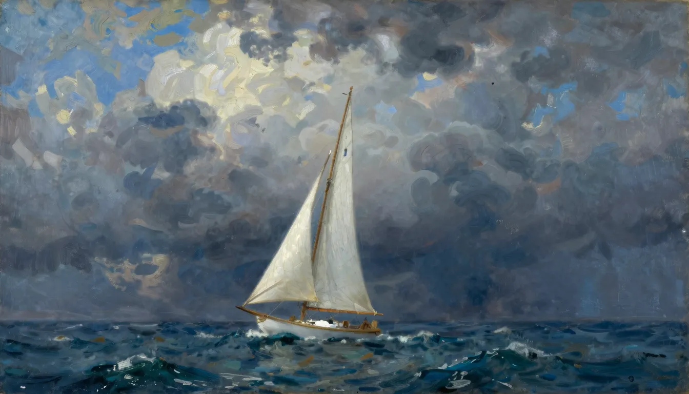 A lonely white sail in the middle of a blue stormy sea, dram...