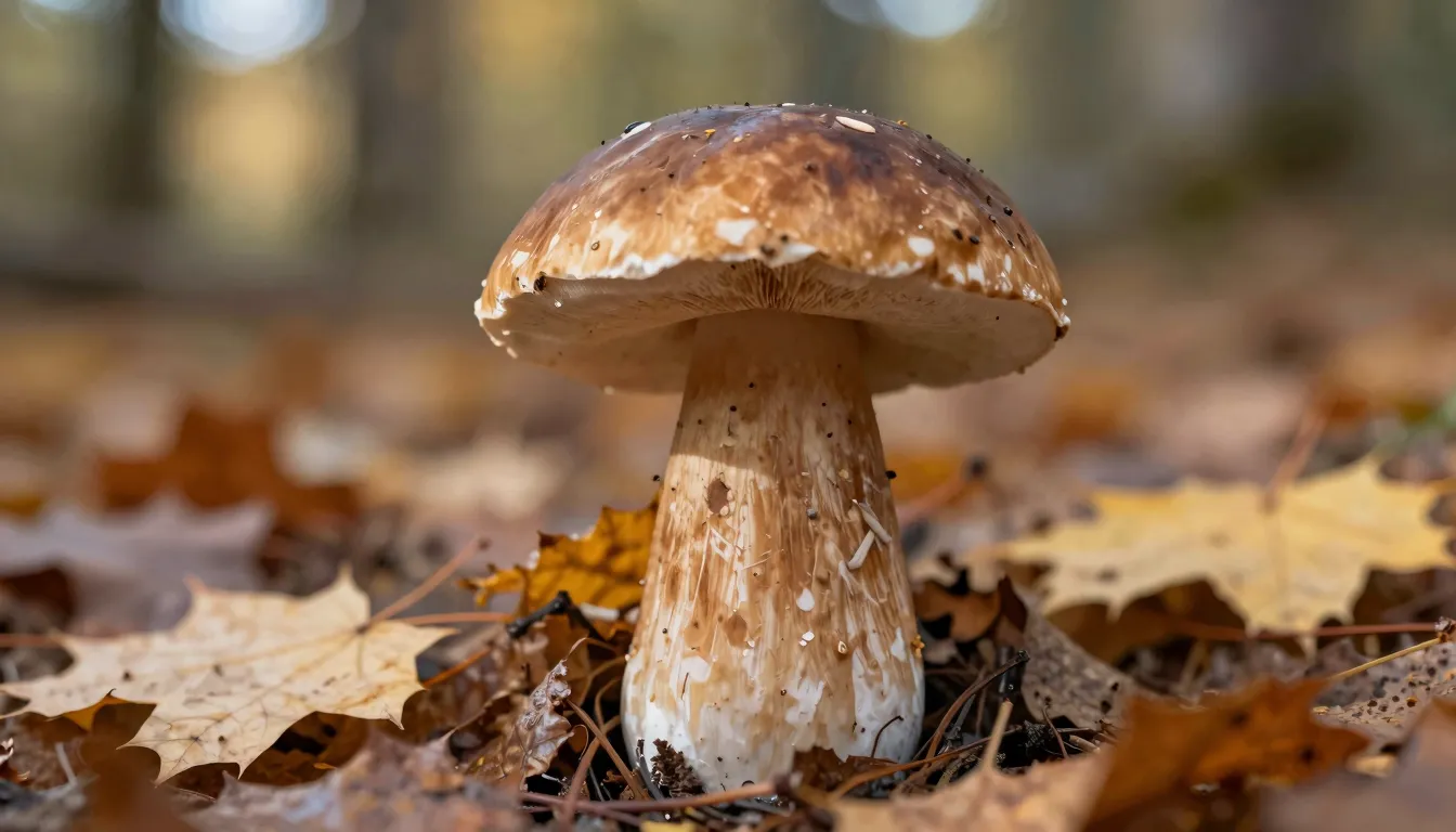 A beautiful porcini mushroom in a forest setting, autumn lea...