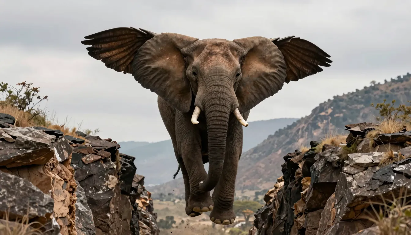 A majestic adult male African elephant leaping across a deep...