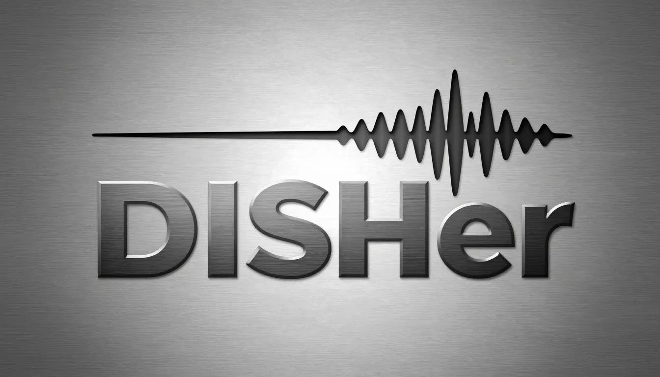 Logo design 'DISHer', heavy industrial font, brushed steel t...