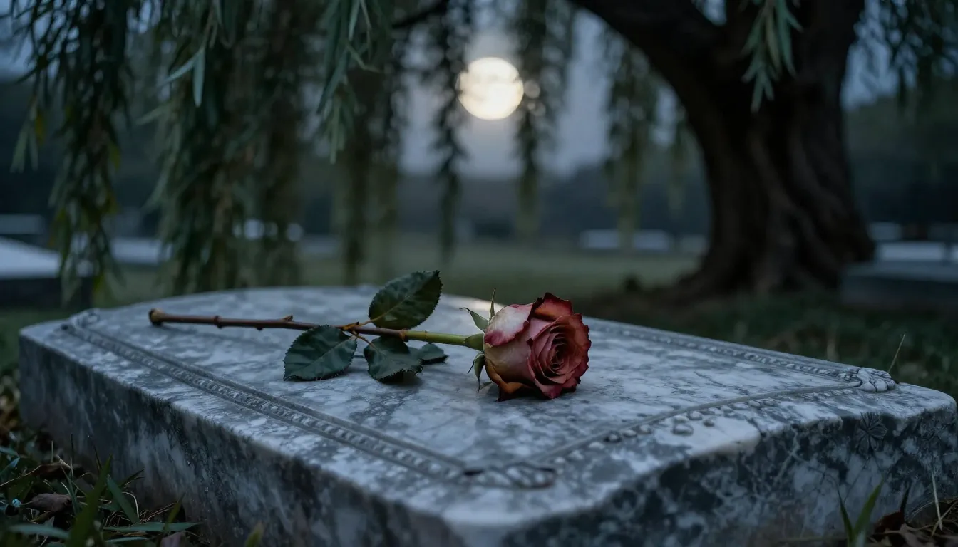 A single withered rose lying on a cold marble tombstone, sof...