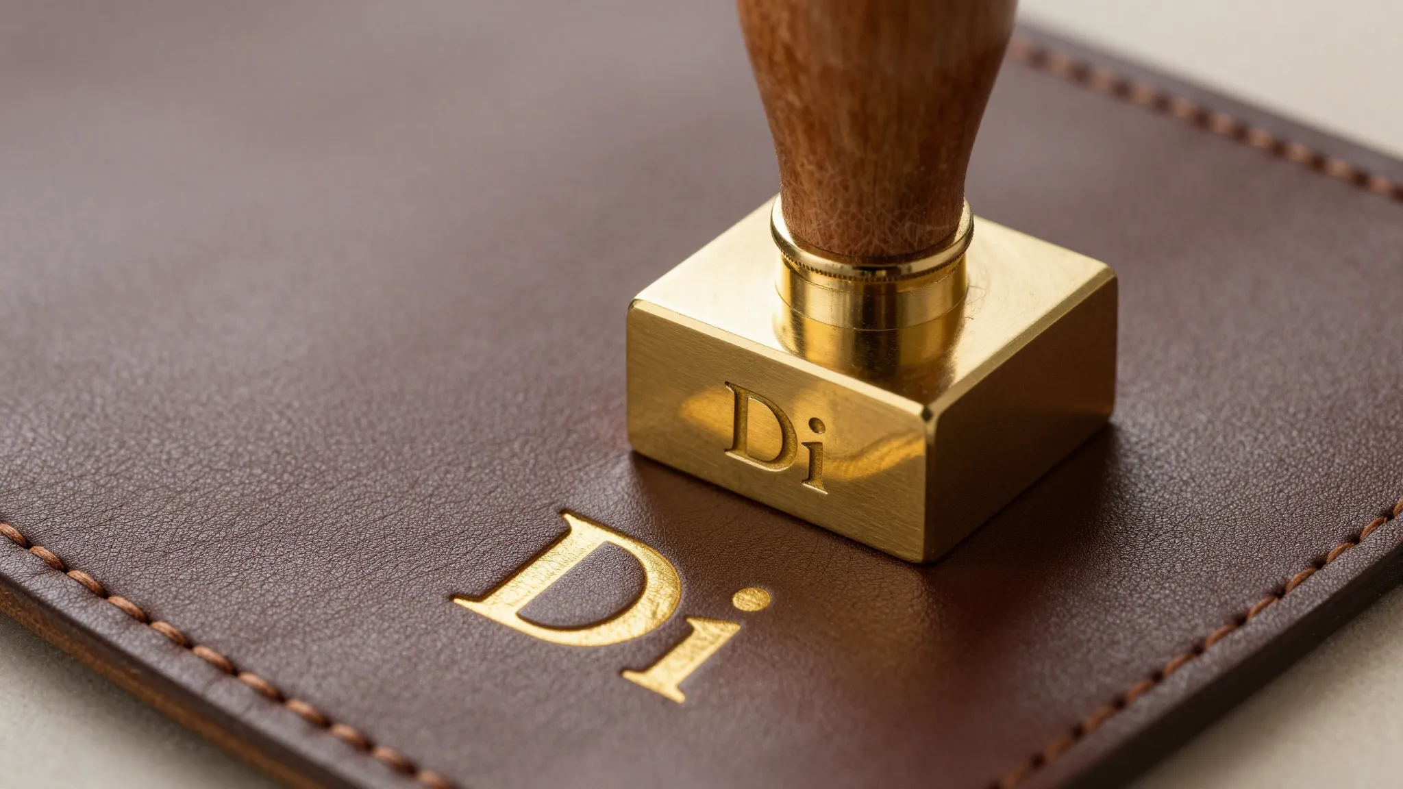 A macro shot of a golden brass stamp with the minimalist log...