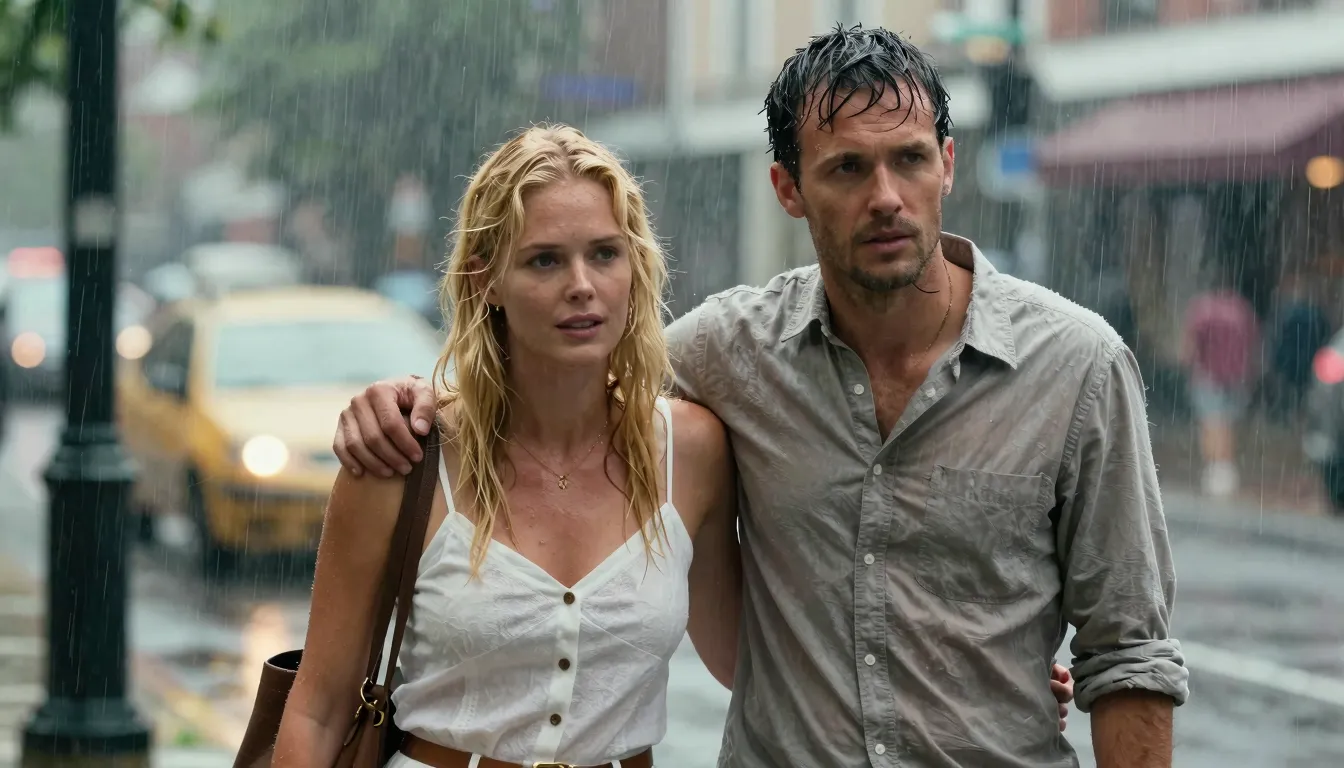 A nostalgic scene of a blonde woman in a summer outfit and a...