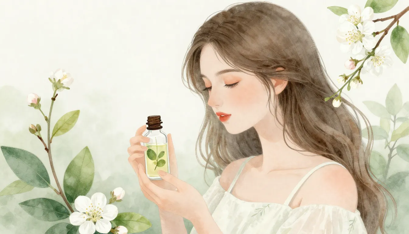 A delicate illustration of a woman surrounded by green leave...