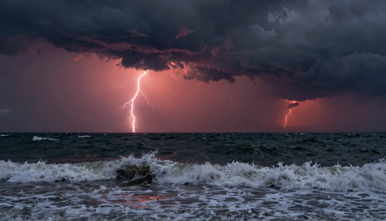 Dramatic seascape, dark stormy clouds illuminated by a crims...