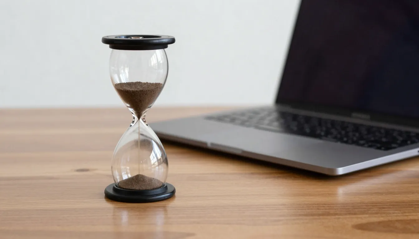 A classic hourglass standing next to a modern sleek laptop o...