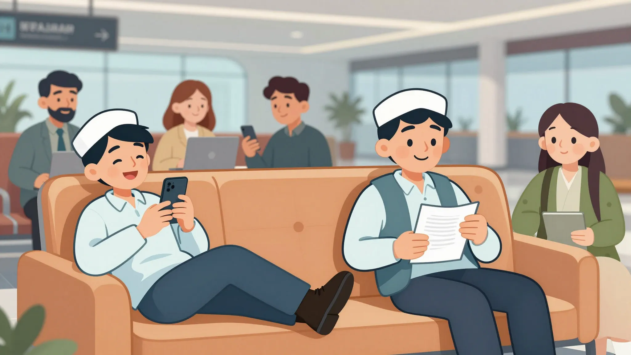 A group of happy Kyrgyz friends in Moscow, some working, one...