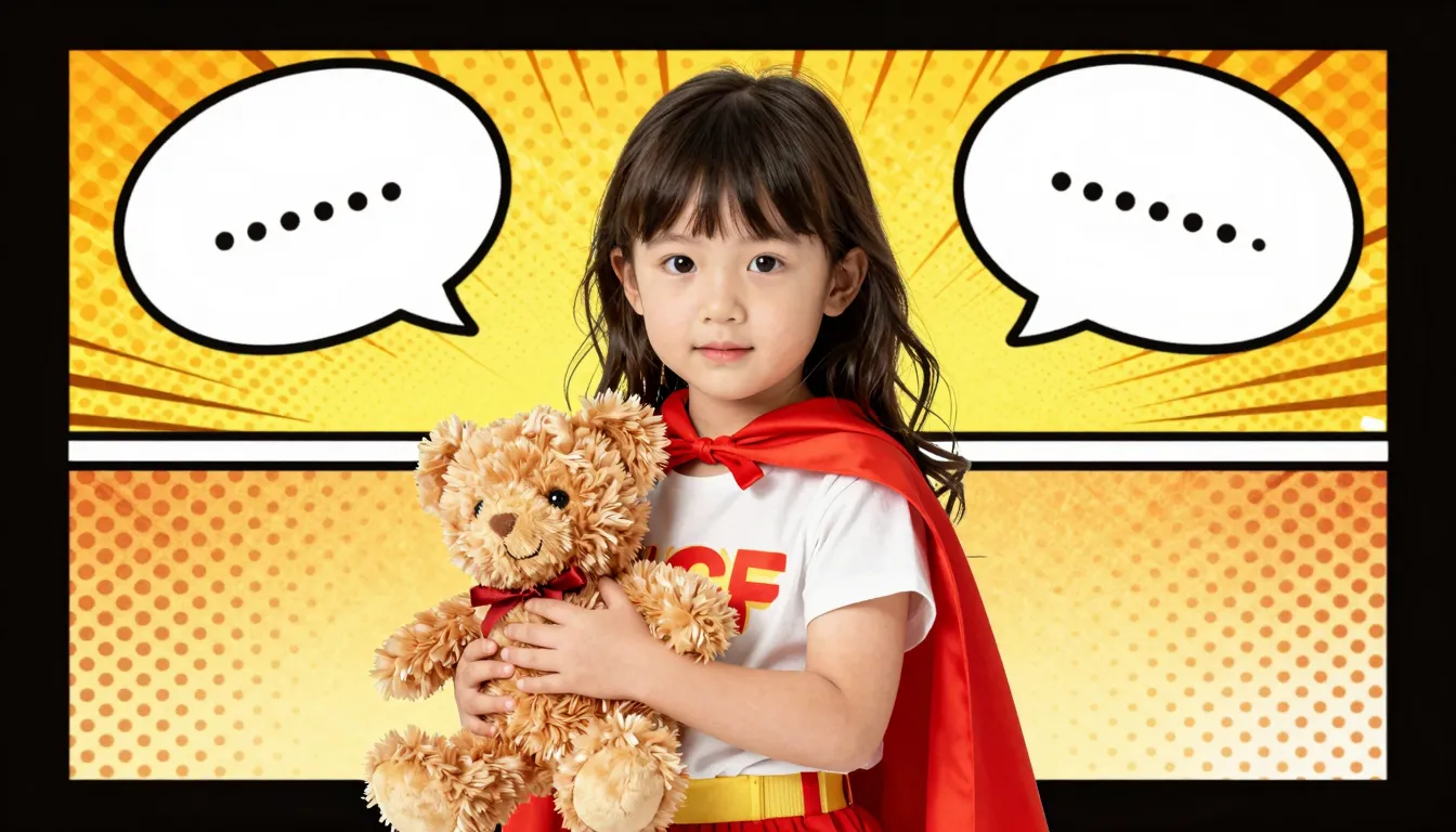 A cute 5-year-old girl dressed as a superhero with a makeshi...