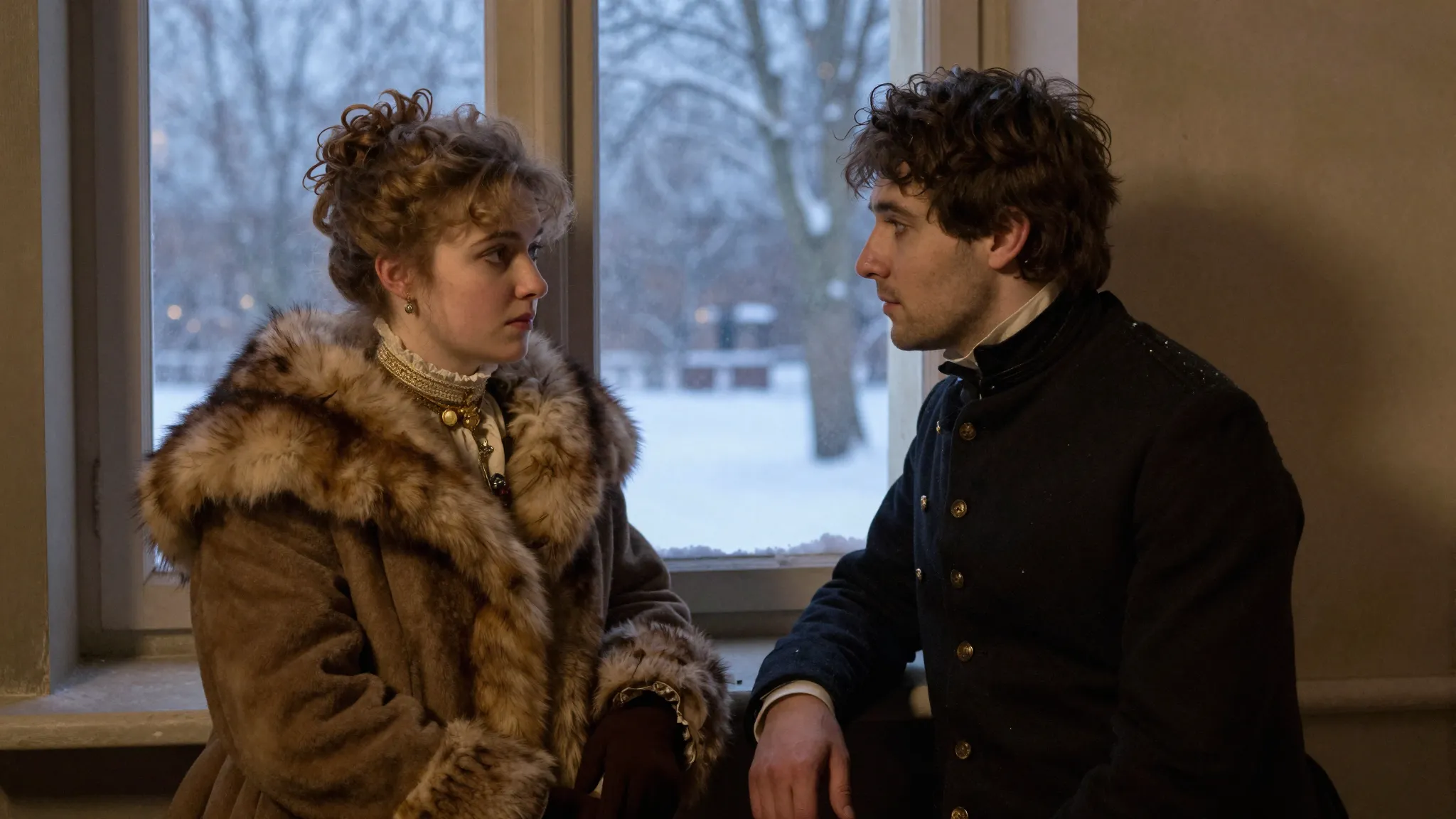Classical painting style, 19th century Russia, winter evenin...