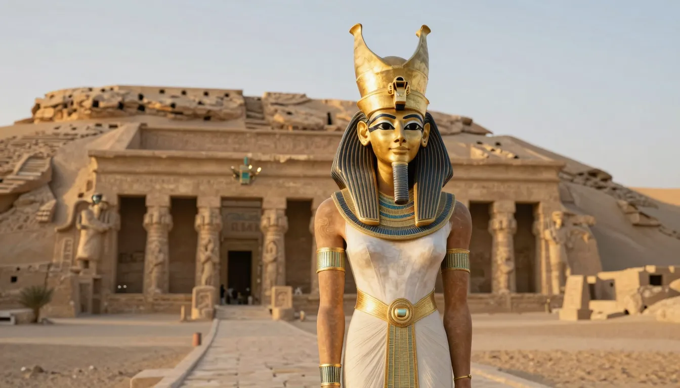 Ancient Egyptian Queen Hatshepsut wearing a golden crown and...