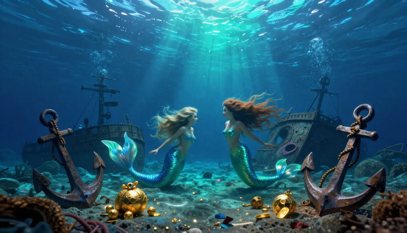 A surreal underwater scene showing shipwrecks on the silty b...