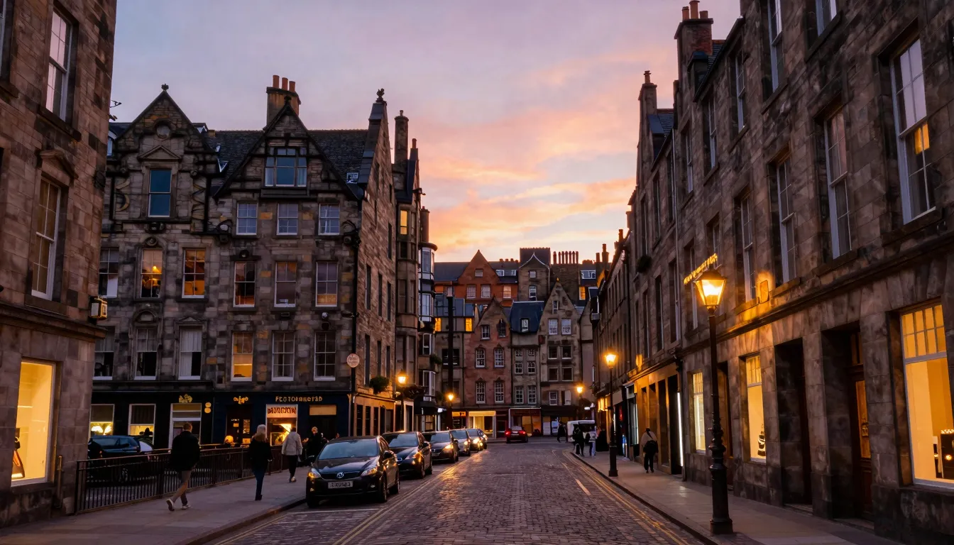 A scenic view of a historic European city street at sunset, ...