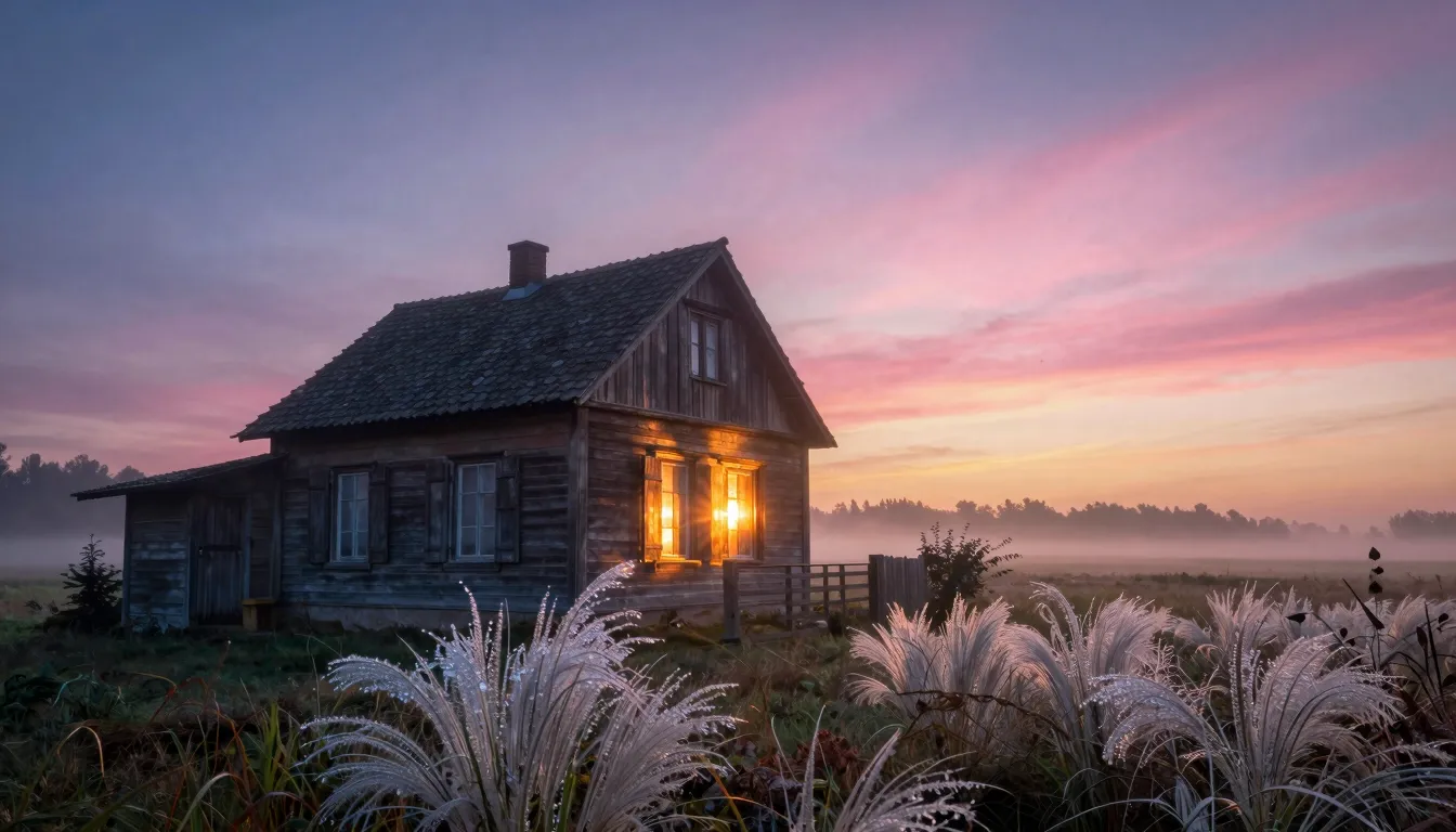 A breathtaking sunrise over a rural field. The first ray of ...