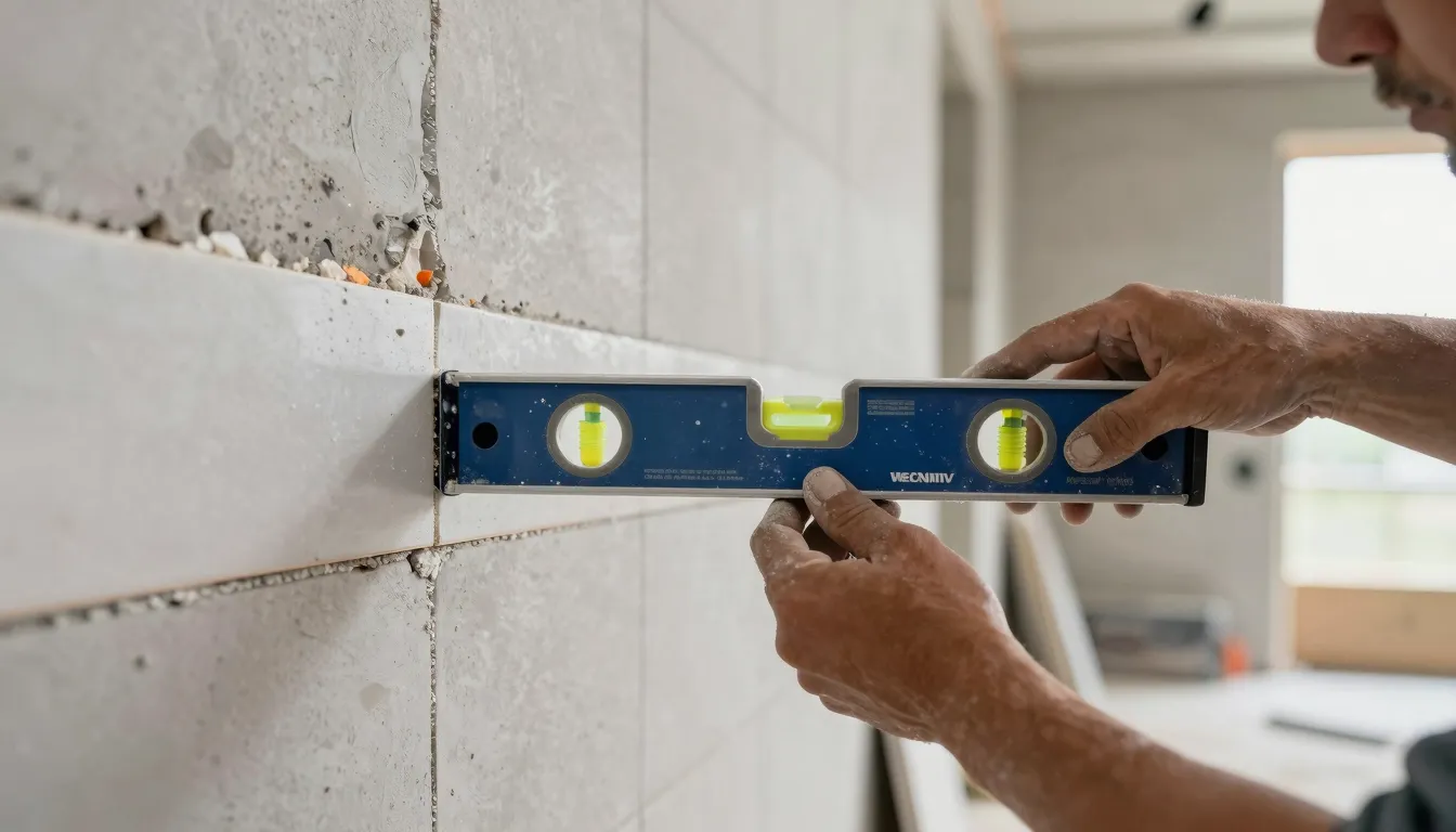 Close-up of a professional tiler's hands precisely placing a...