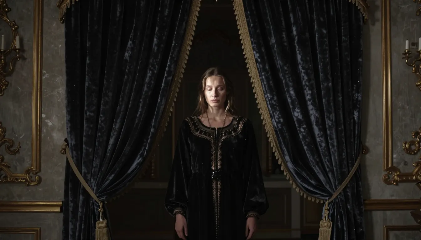 A Slavic woman in a dark, opulent room, standing by a heavy ...