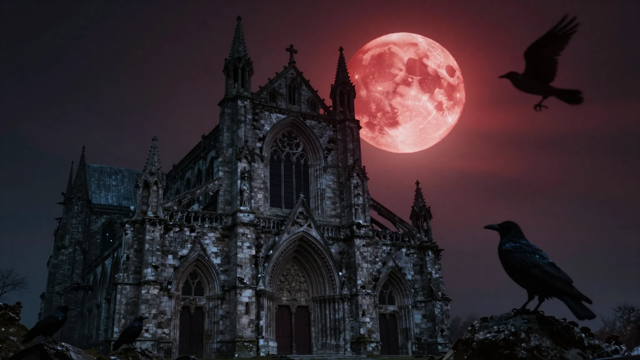 A dark gothic scene, a crumbling stone cathedral under a blo...