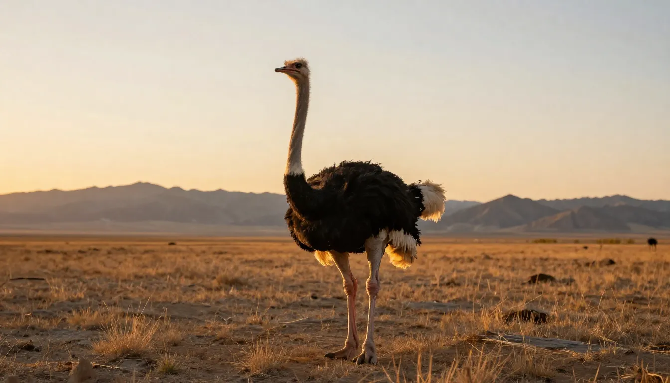 A majestic ostrich standing in a vast, dry Kazakh steppe dur...