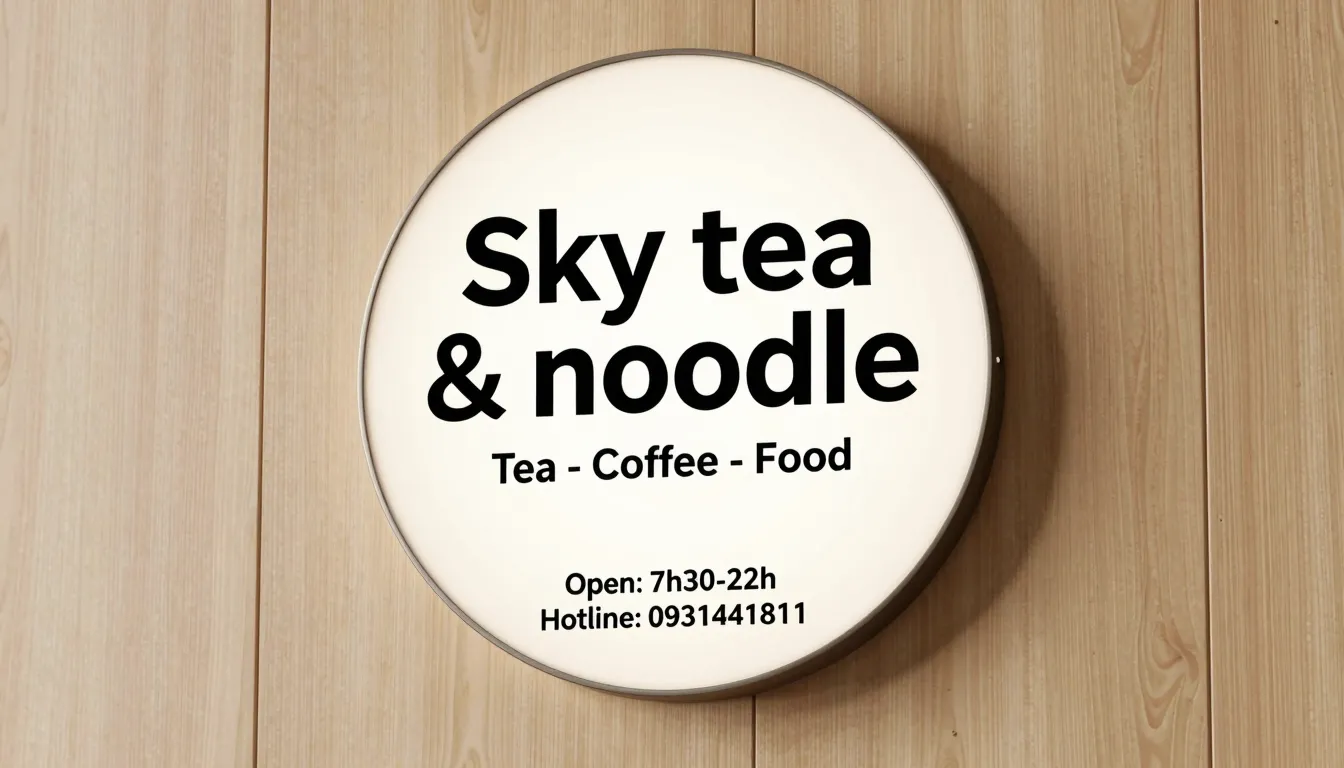 A 60cm diameter circular signage mockup on a modern wooden w...