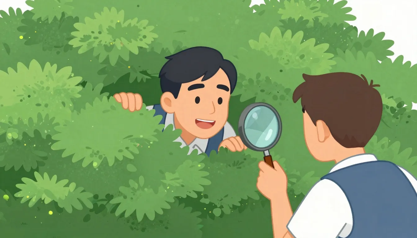 A funny caricature of a man hiding behind a large bush while...