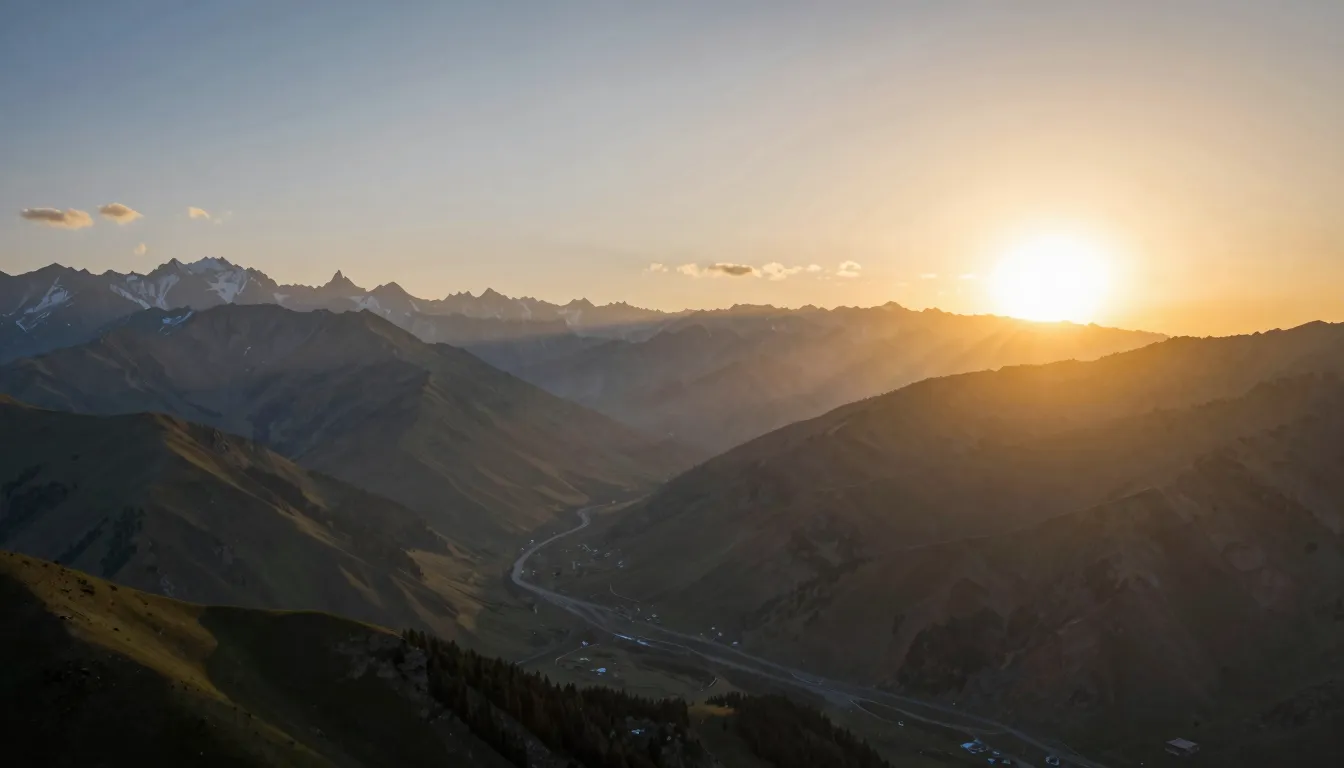 A peaceful sunrise over the majestic Kyrgyz mountains, golde...