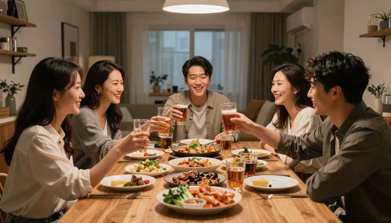 A group of five happy Central Asian friends, four women and ...