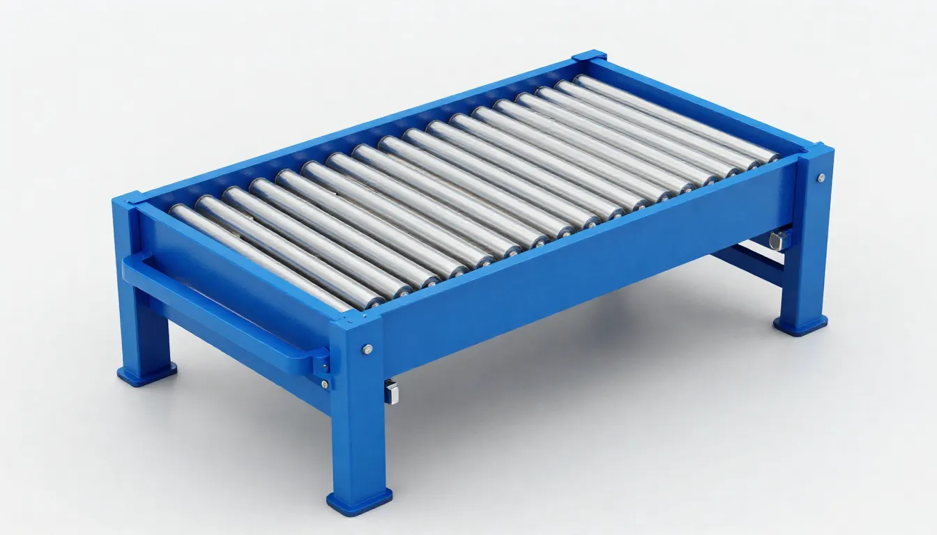Product photography of an industrial roller table, blue pain...