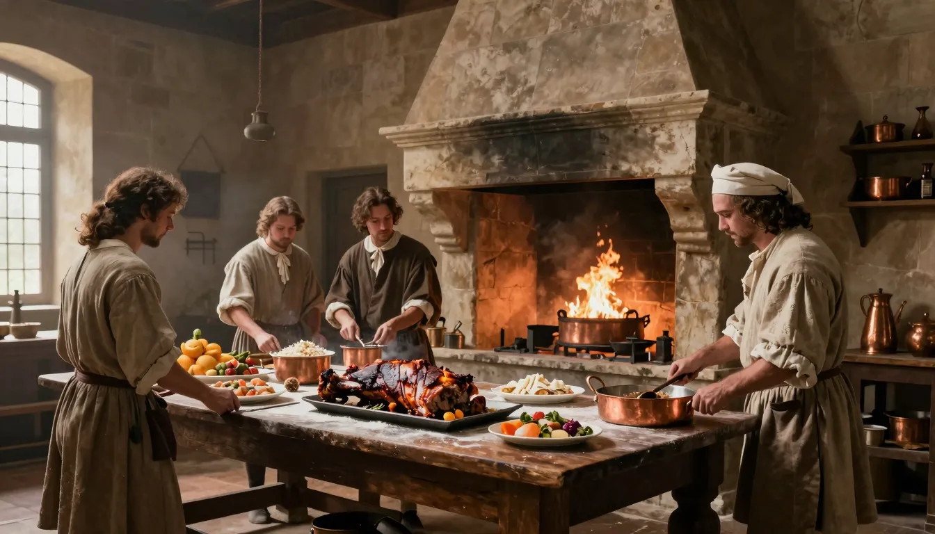 Interior of a bustling 17th-century French castle kitchen, s...