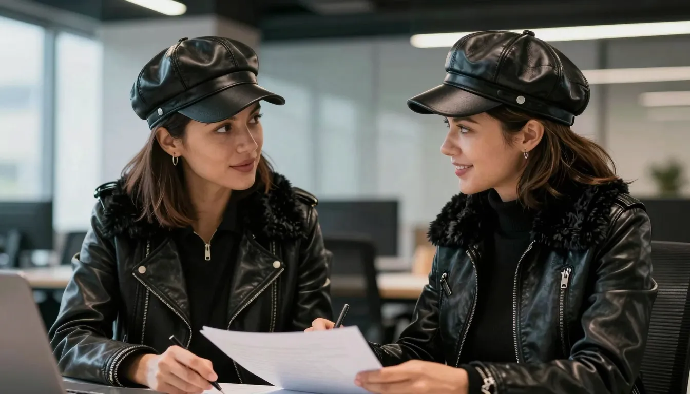 Side view of two friendly women in a modern office discussin...
