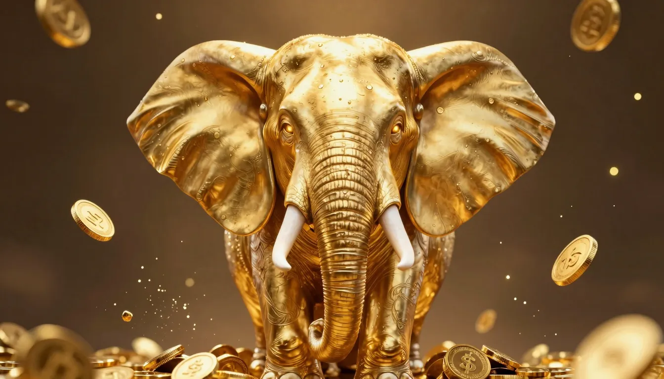 A majestic golden elephant head with glowing eyes, surrounde...