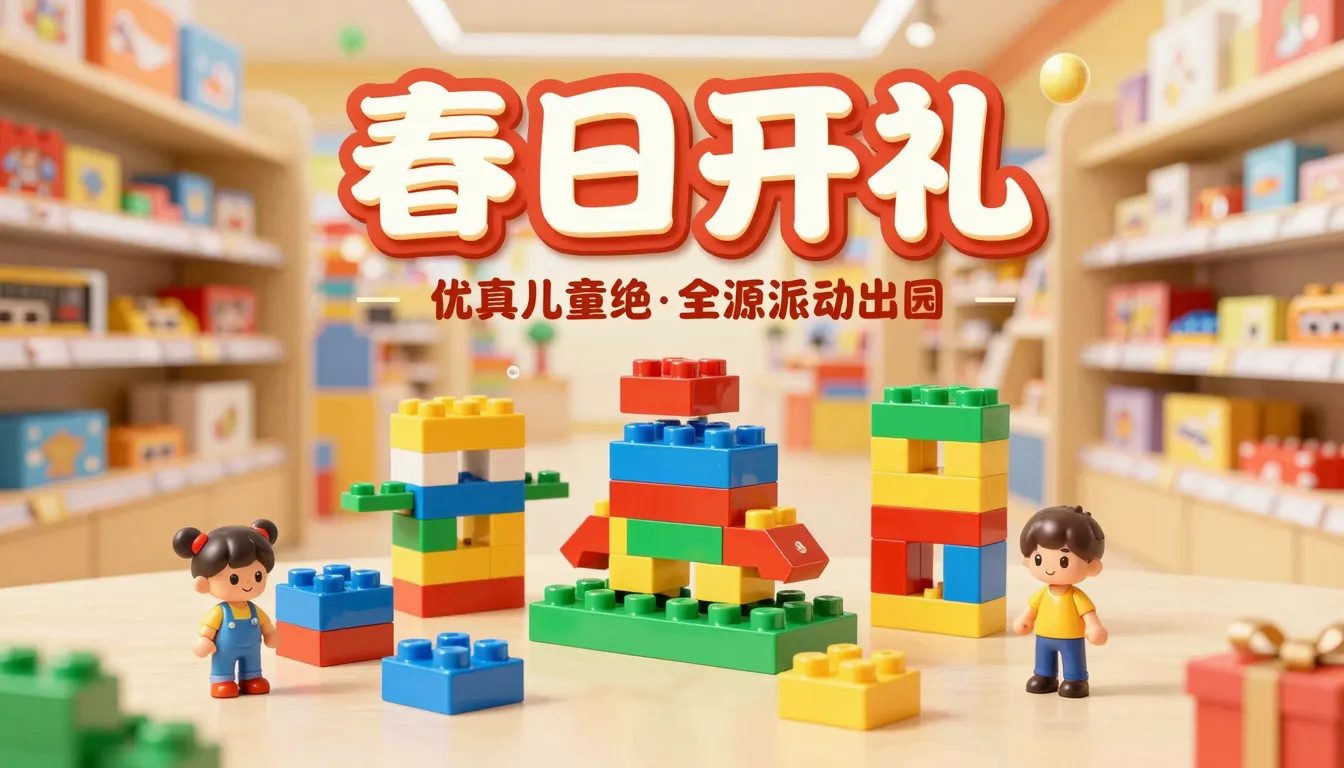 A vibrant promotional poster for a toy store featuring plast...