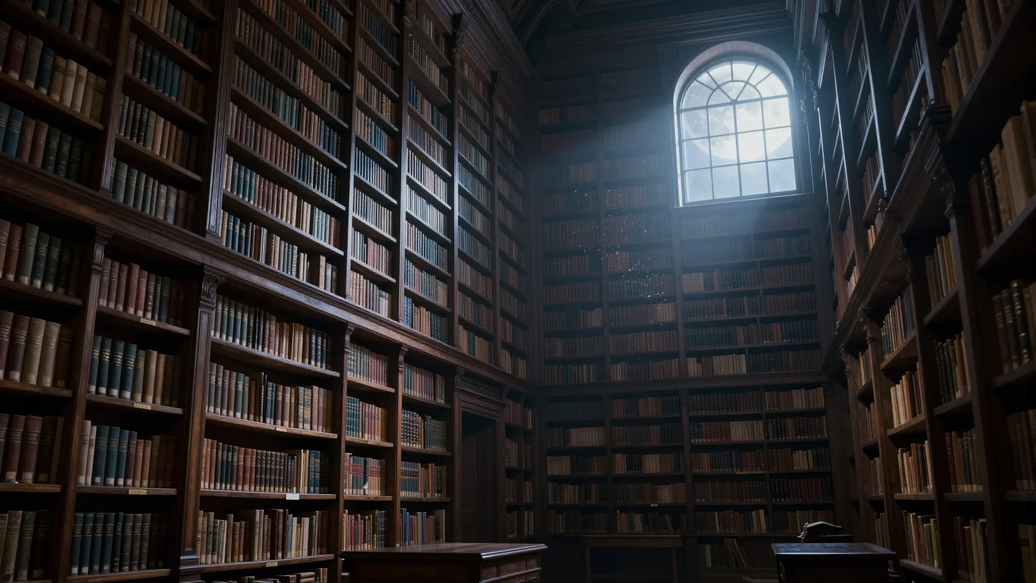 Cinematic wide shot of a vast, ancient library at night. Tow...