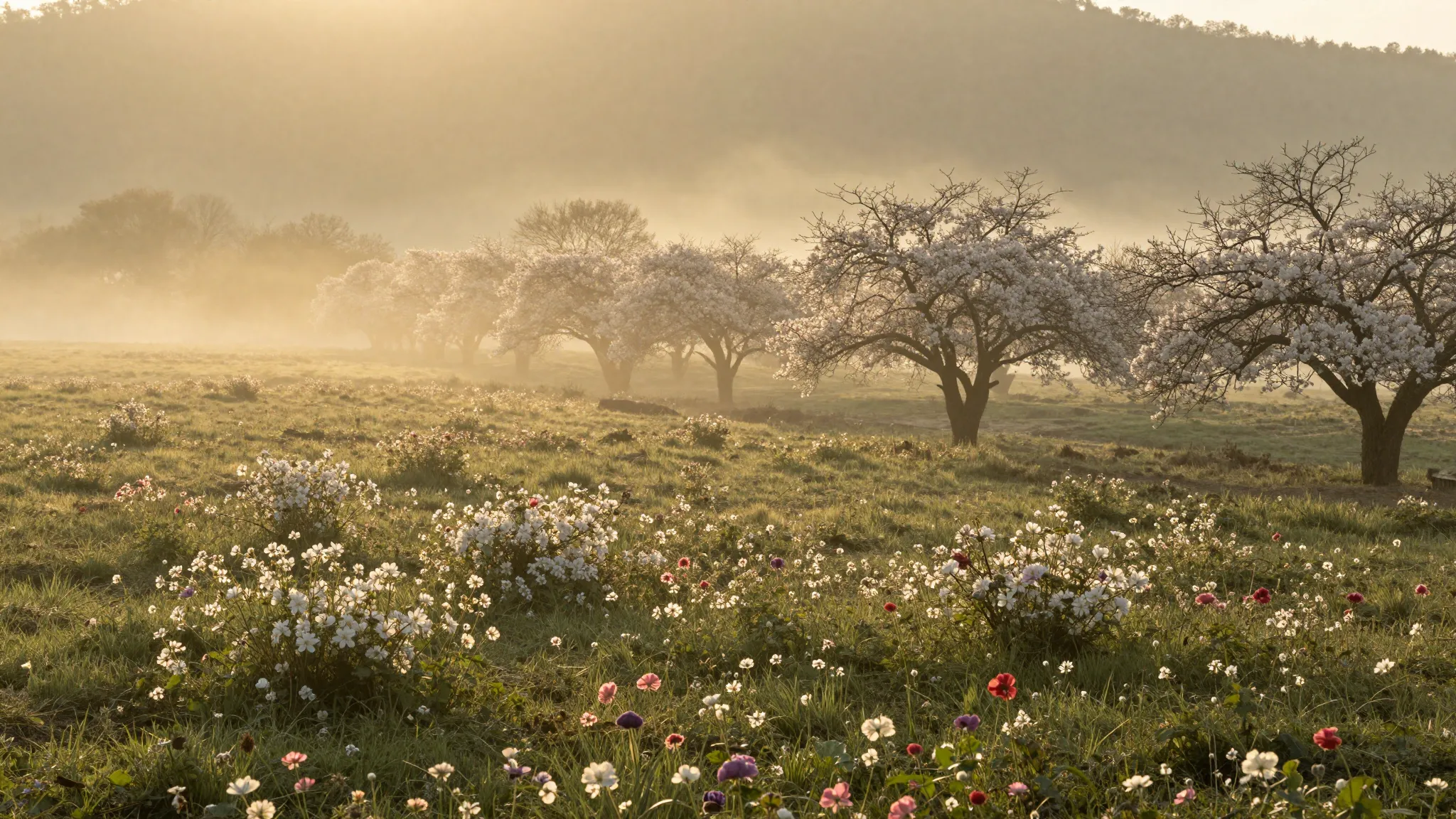 A serene and beautiful morning landscape with soft golden su...