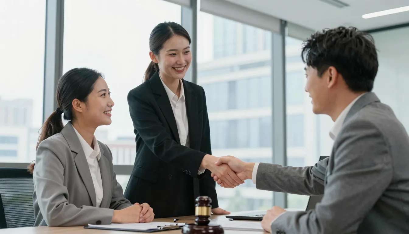 A professional real estate lawyer shaking hands with a happy...