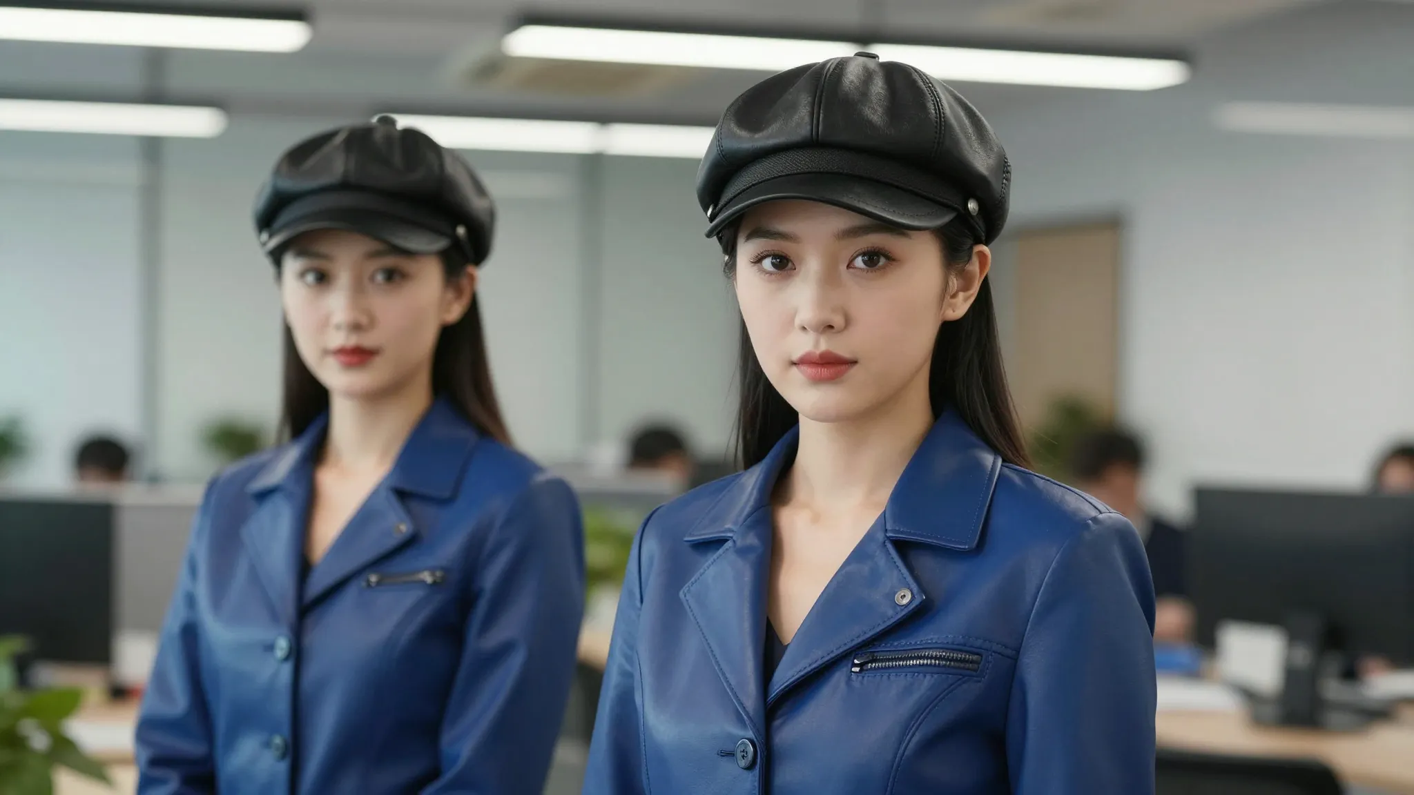 Two beautiful Chinese women in a modern office, wearing matc...