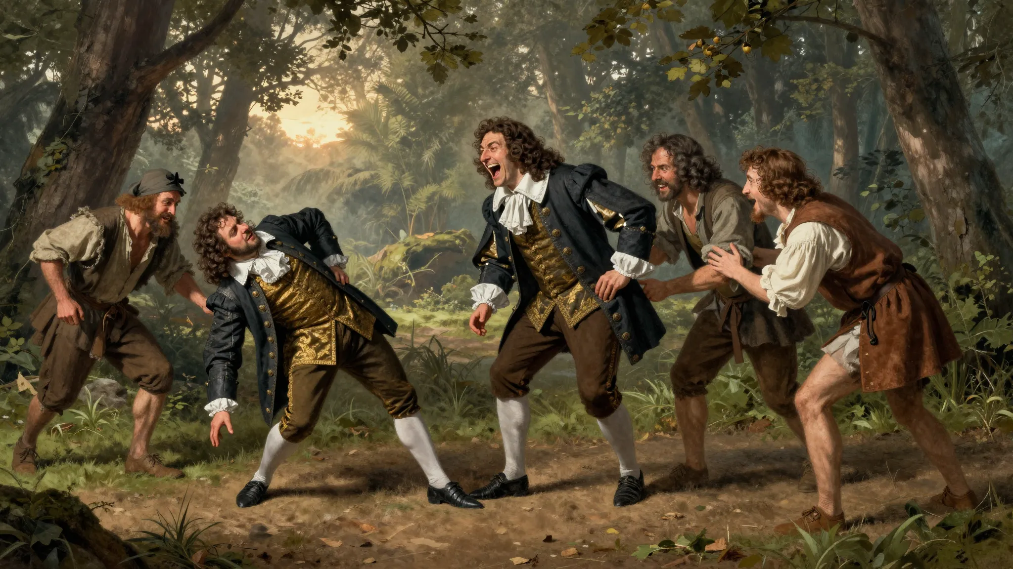 A humorous 17th-century scene at the edge of a forest at daw...