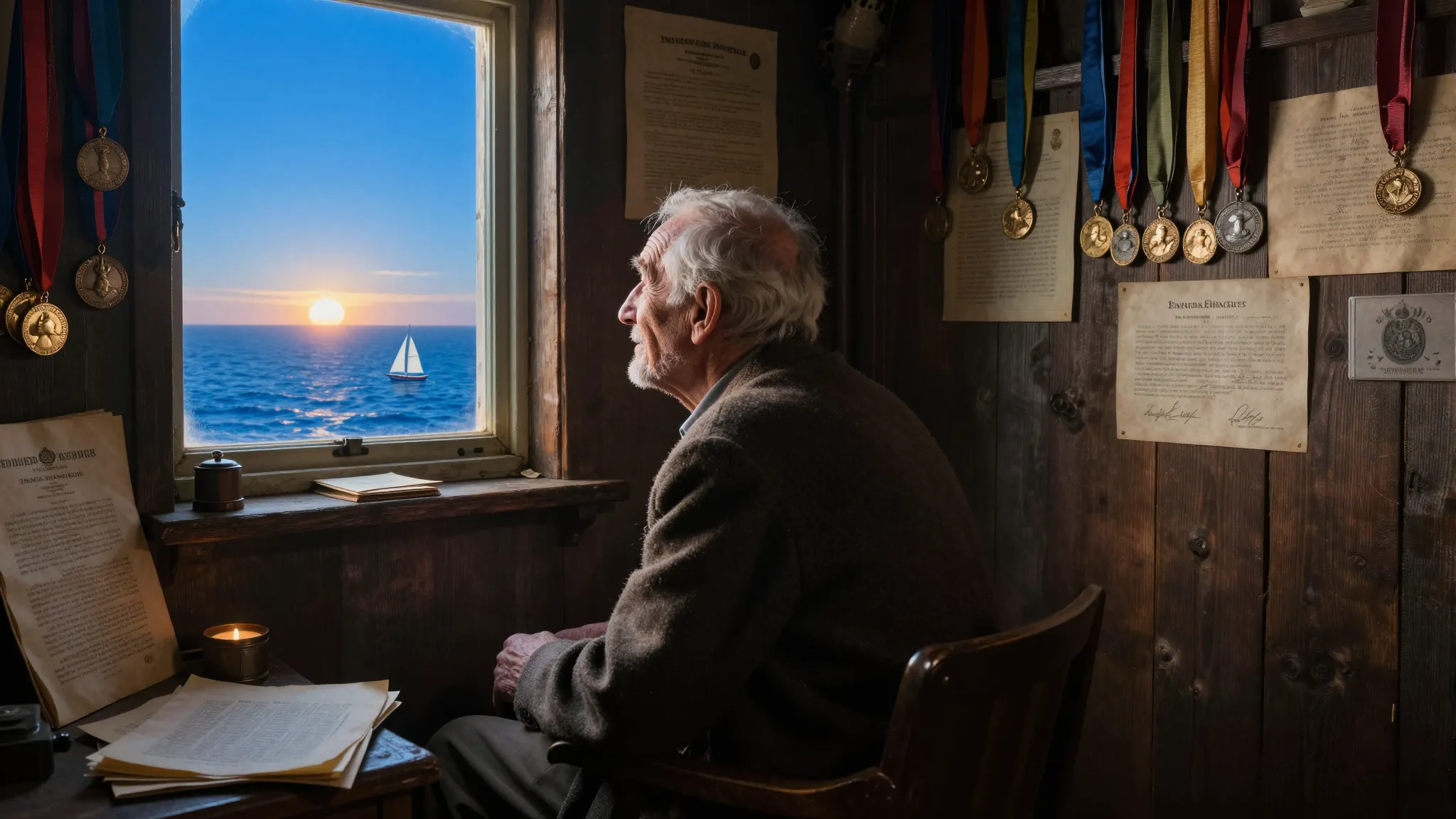 An old man sitting in a dark, cramped room, surrounded by du...